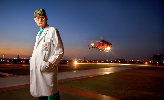 Dr. Red Duke, on the Life Flight Helipad at Memorial Hermann - Texas Medical Center on June 2, 2008.  © 2008 Robert Seale. Robert Seale Photography www.robertseale.com 832-654-9572